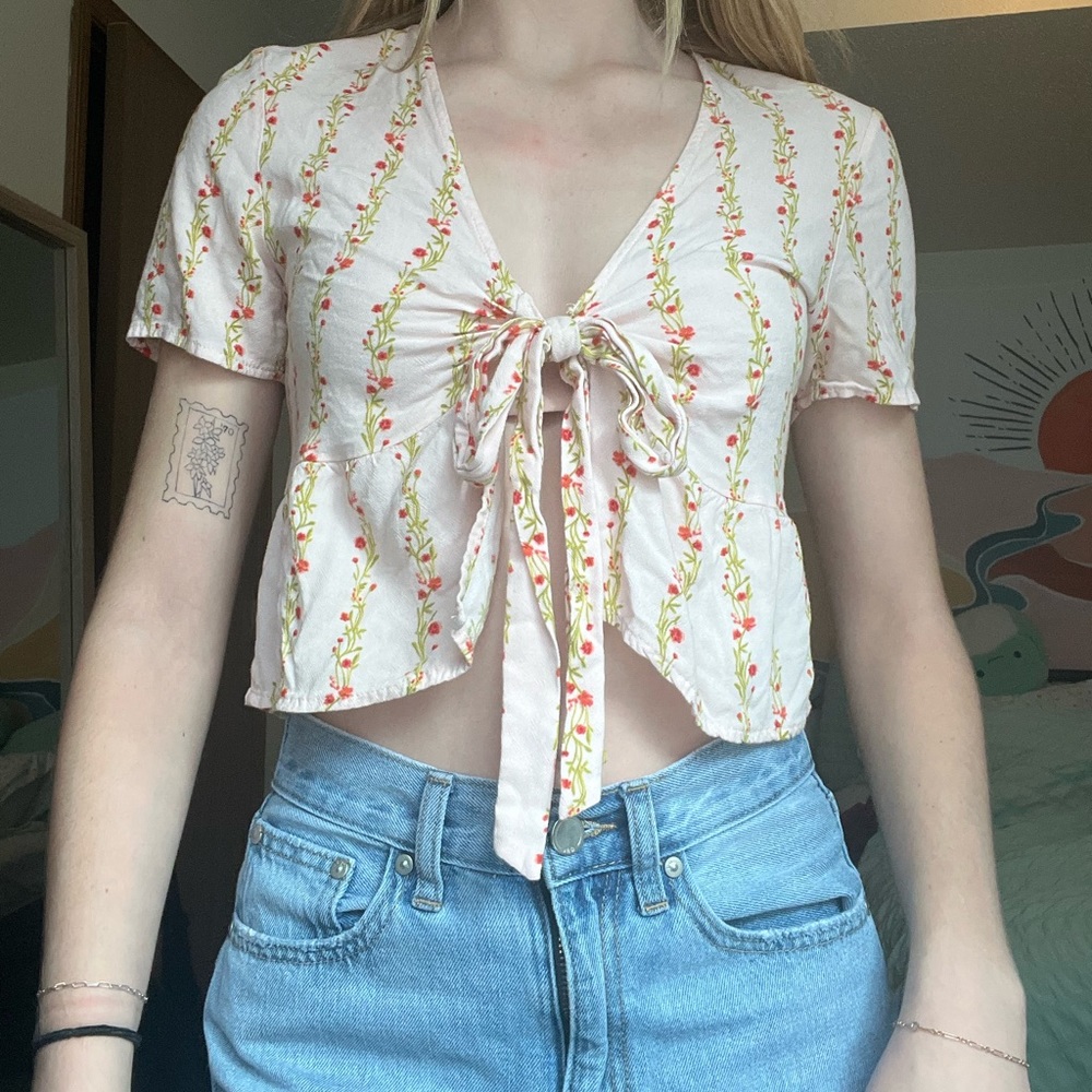 Pink Floral Tie Front Blouse